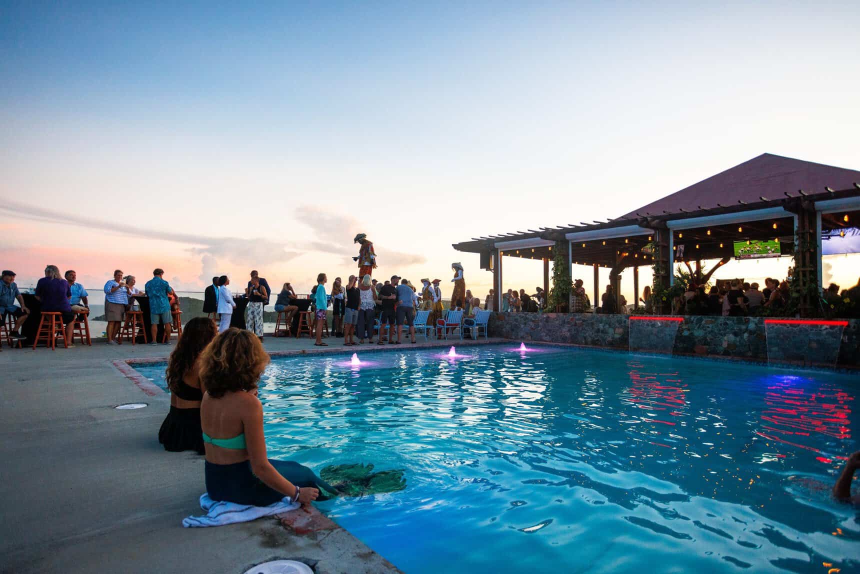 Jolly Roger's Restaurant, St. Thomas at sunset, the open-air pirate bar beside the pool