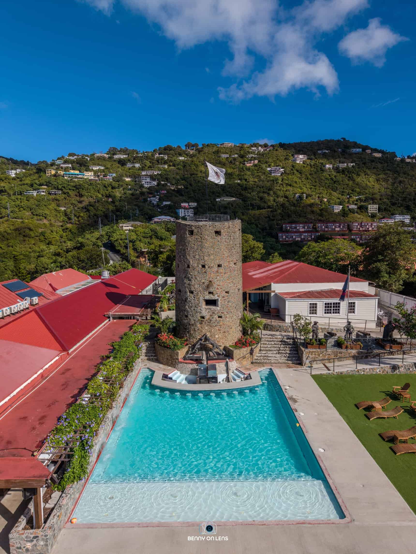 Blackbeard's Castle pool and historic tower above Charlotte Amalie, St. Thomas