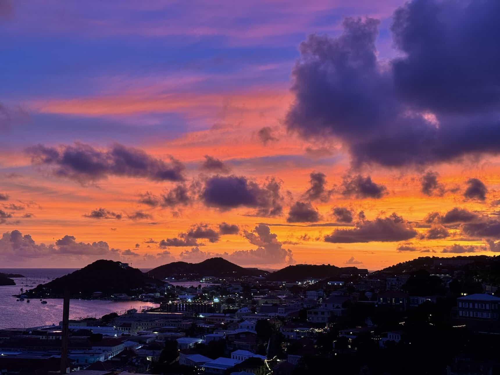 Golden sunset over Charlotte Amalie harbor after the day's cruise ships have departed St. Thomas