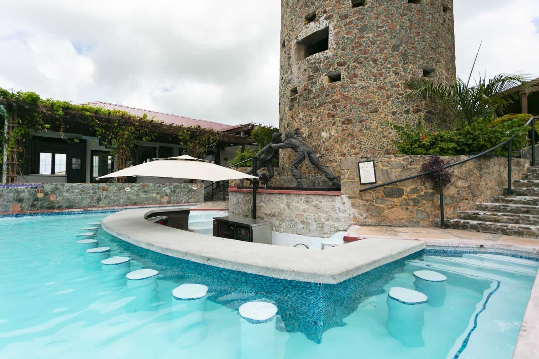 Rum tasting in St. Thomas at the Jolly Roger's swim-up bar below the 1679 Skytsborg tower at Blackbeard's Castle
