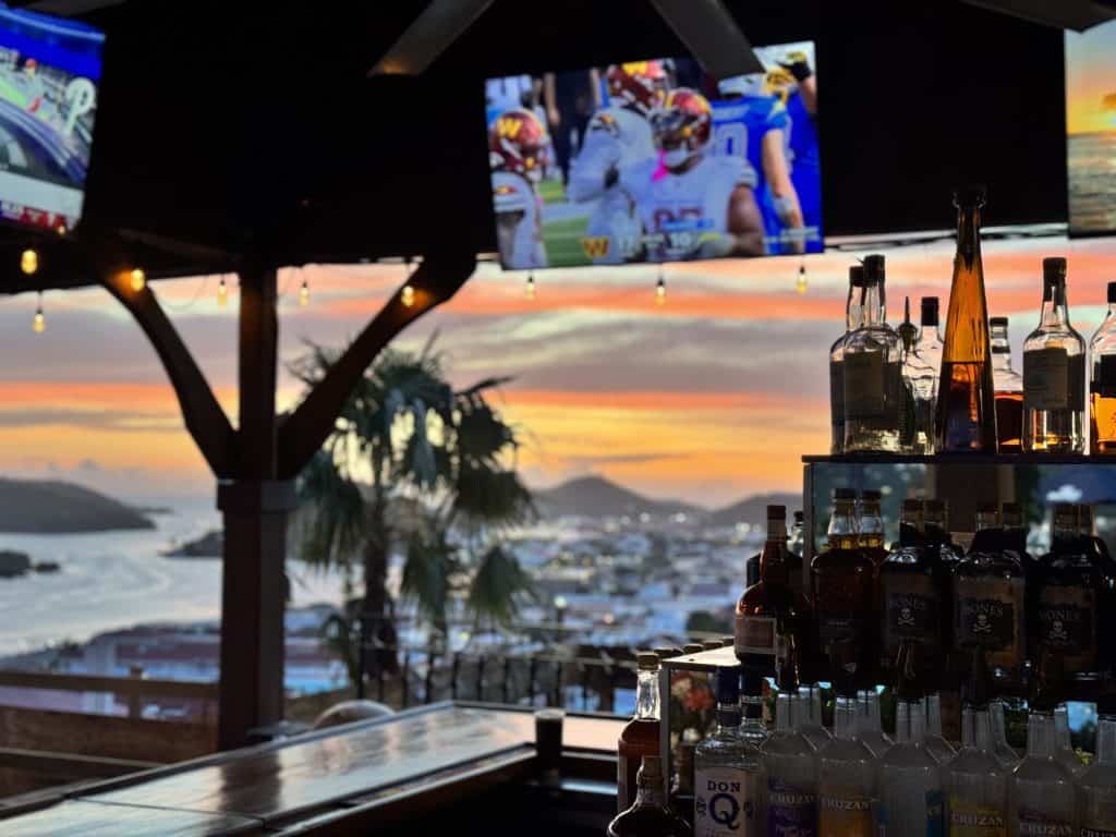 Sunset over Charlotte Amalie harbor from the Jolly Roger's bar at Blackbeard's Castle