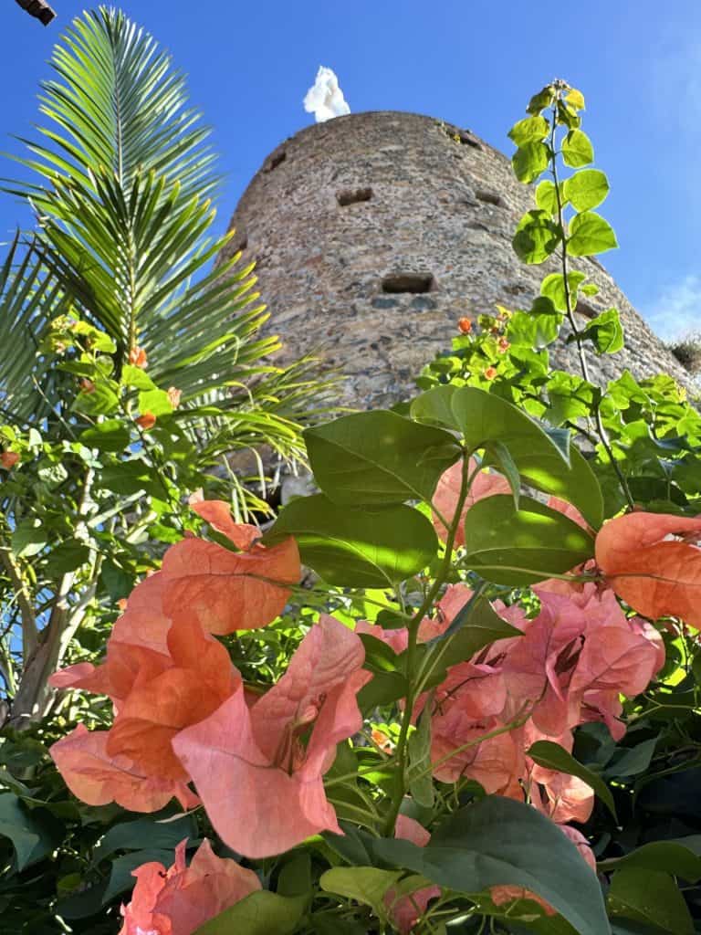 Historic stone tower at Blackbeard's Castle with lush greenery and flowers.
