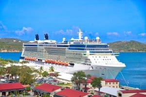 Large cruise ship docked at port near Blackbeard's Castle in St. Thomas.