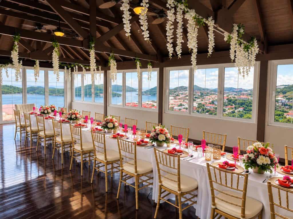 Beautiful banquet table with floral arrangements and scenic view at Blackbeard's Castle.